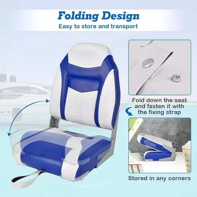 Siège de bateau à dossier haut Gymax 1/2 pièce, pliable, pour la pêche, avec coussin rembourré doux, siège de capitaine rabattable avec charnières flexibles noir/bleu