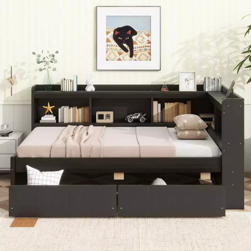 MAYEERTY Twin L-shaped Bookcase Bed with Pink Wood Frame Two Drawers for Bedroom Brown