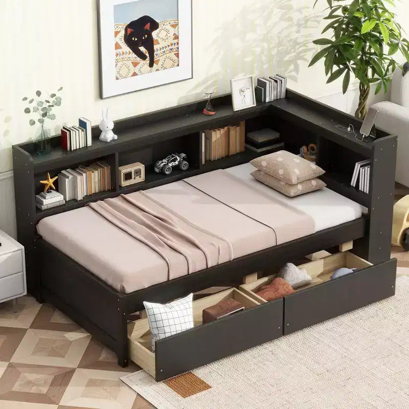 Lit bibliothèque MAYEERTY en L avec cadre en bois rose et deux tiroirs pour chambre à coucher, marron