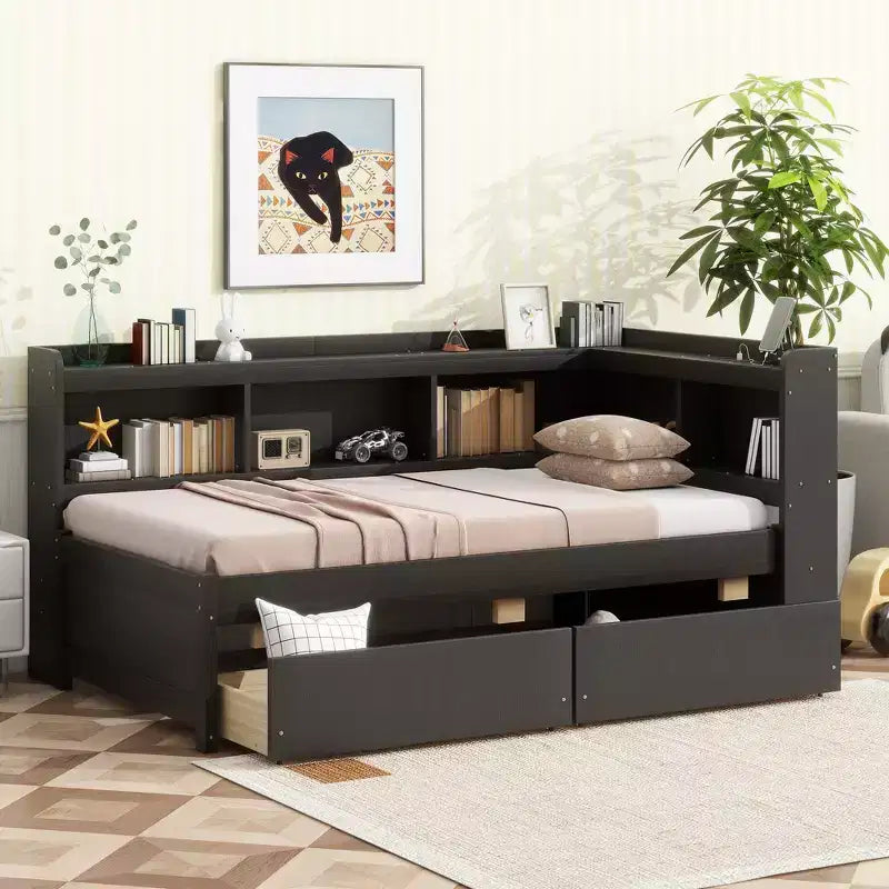 Lit bibliothèque MAYEERTY en L avec cadre en bois rose et deux tiroirs pour chambre à coucher, marron