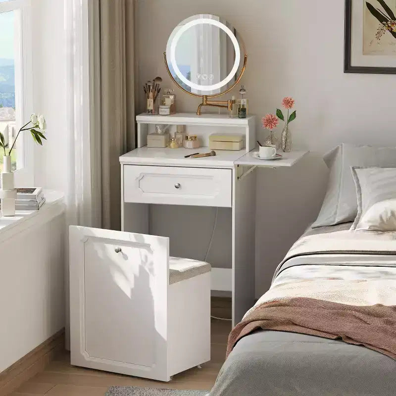 Compact Vanity Desk with Adjustable Lighted Mirror  Mini Makeup Desk, Storage Drawer & Chair for Bedroom or Small Spaces