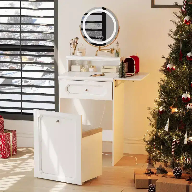 Coiffeuse Compacte avec Miroir Lumineux Réglable Mini Coiffeuse, Tiroir de Rangement et Chaise pour Chambre ou Petits Espaces