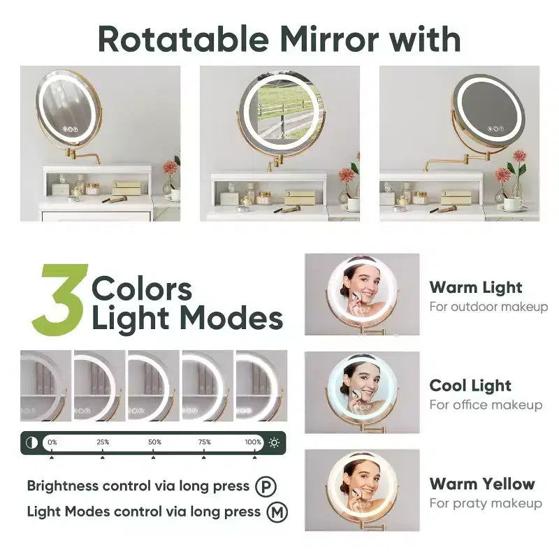 Coiffeuse Compacte avec Miroir Lumineux Réglable Mini Coiffeuse, Tiroir de Rangement et Chaise pour Chambre ou Petits Espaces