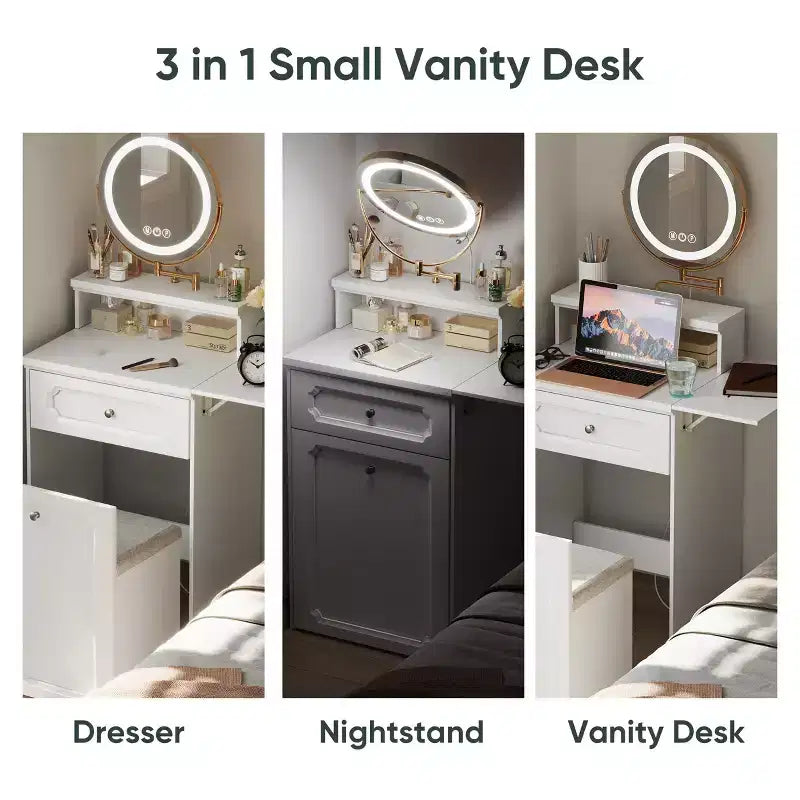 Coiffeuse Compacte avec Miroir Lumineux Réglable Mini Coiffeuse, Tiroir de Rangement et Chaise pour Chambre ou Petits Espaces