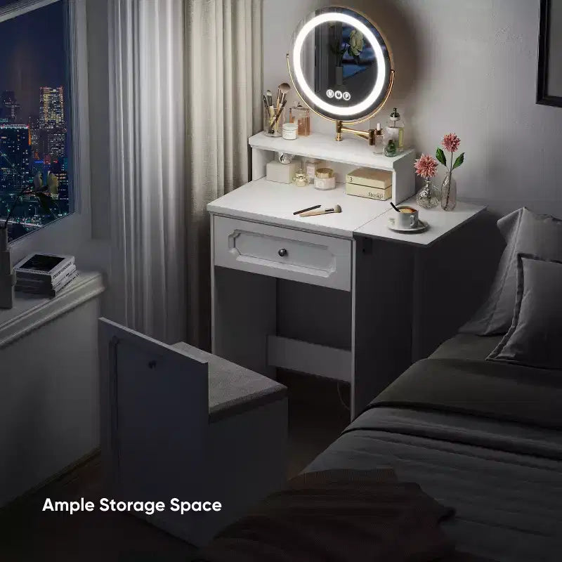Coiffeuse Compacte avec Miroir Lumineux Réglable Mini Coiffeuse, Tiroir de Rangement et Chaise pour Chambre ou Petits Espaces