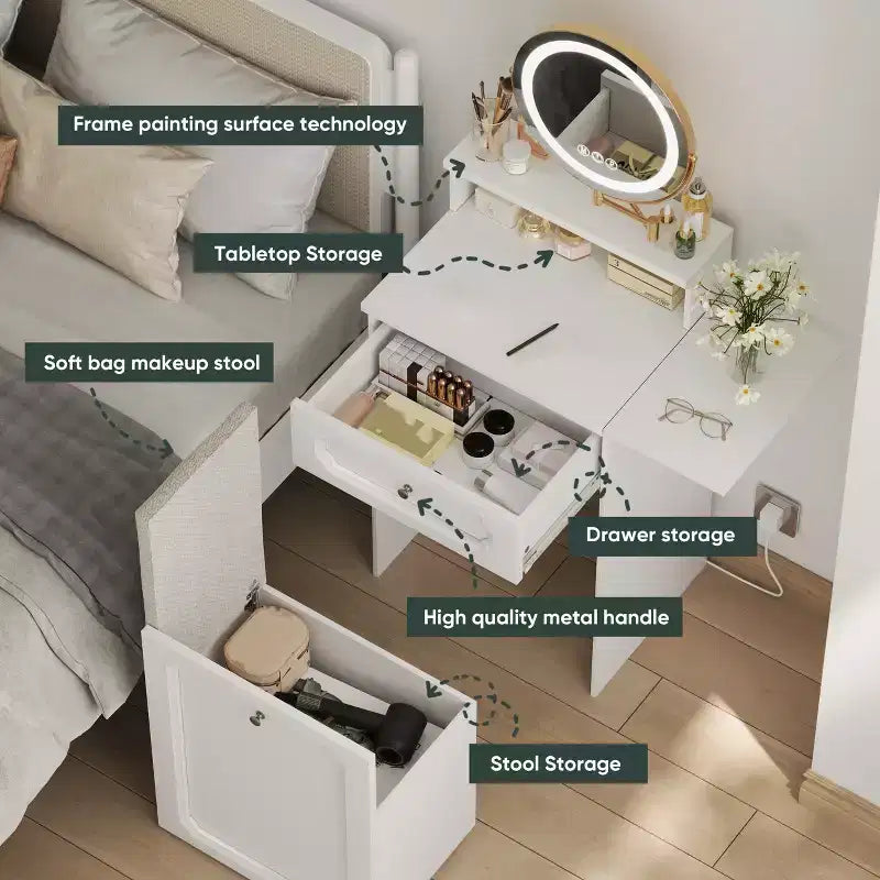 Coiffeuse Compacte avec Miroir Lumineux Réglable Mini Coiffeuse, Tiroir de Rangement et Chaise pour Chambre ou Petits Espaces
