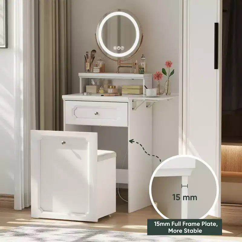 Coiffeuse Compacte avec Miroir Lumineux Réglable Mini Coiffeuse, Tiroir de Rangement et Chaise pour Chambre ou Petits Espaces