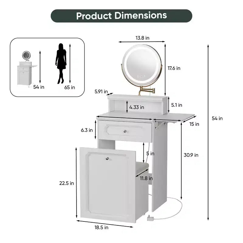 Coiffeuse Compacte avec Miroir Lumineux Réglable Mini Coiffeuse, Tiroir de Rangement et Chaise pour Chambre ou Petits Espaces