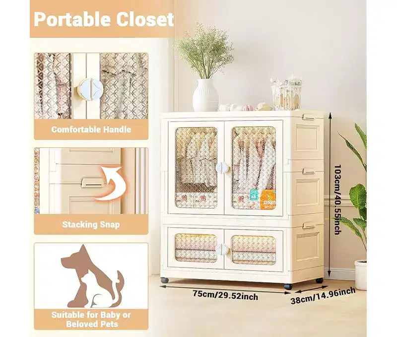 Boîte de rangement à roulettes, 103 cm, Armoire pliante avec tringle à vêtements, 2 boîtes empilables, Armoire à double porte pour la maison et le bureau