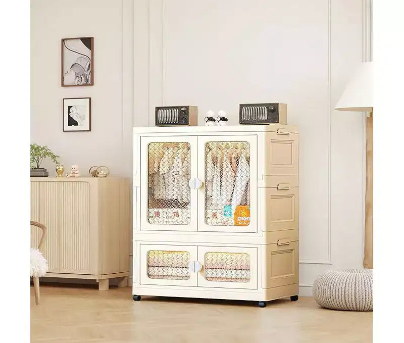 Boîte de rangement à roulettes, 103 cm, Armoire pliante avec tringle à vêtements, 2 boîtes empilables, Armoire à double porte pour la maison et le bureau