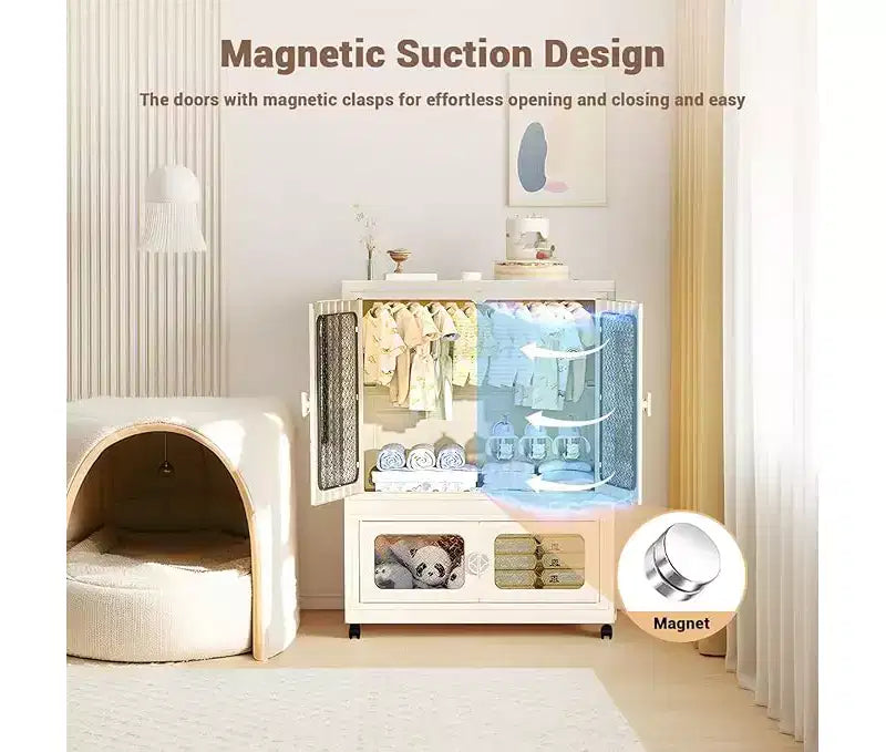 Boîte de rangement à roulettes, 103 cm, Armoire pliante avec tringle à vêtements, 2 boîtes empilables, Armoire à double porte pour la maison et le bureau