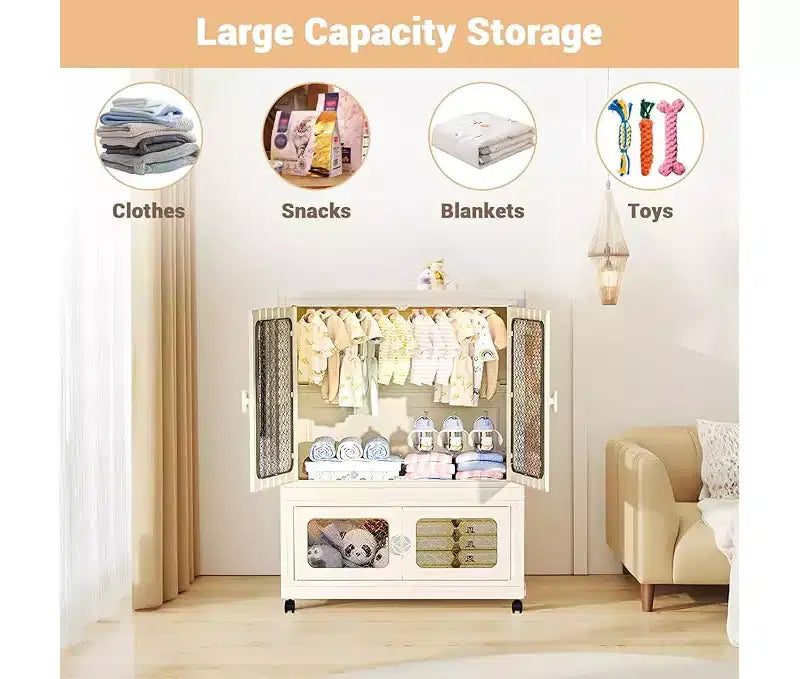 Boîte de rangement à roulettes, 103 cm, Armoire pliante avec tringle à vêtements, 2 boîtes empilables, Armoire à double porte pour la maison et le bureau