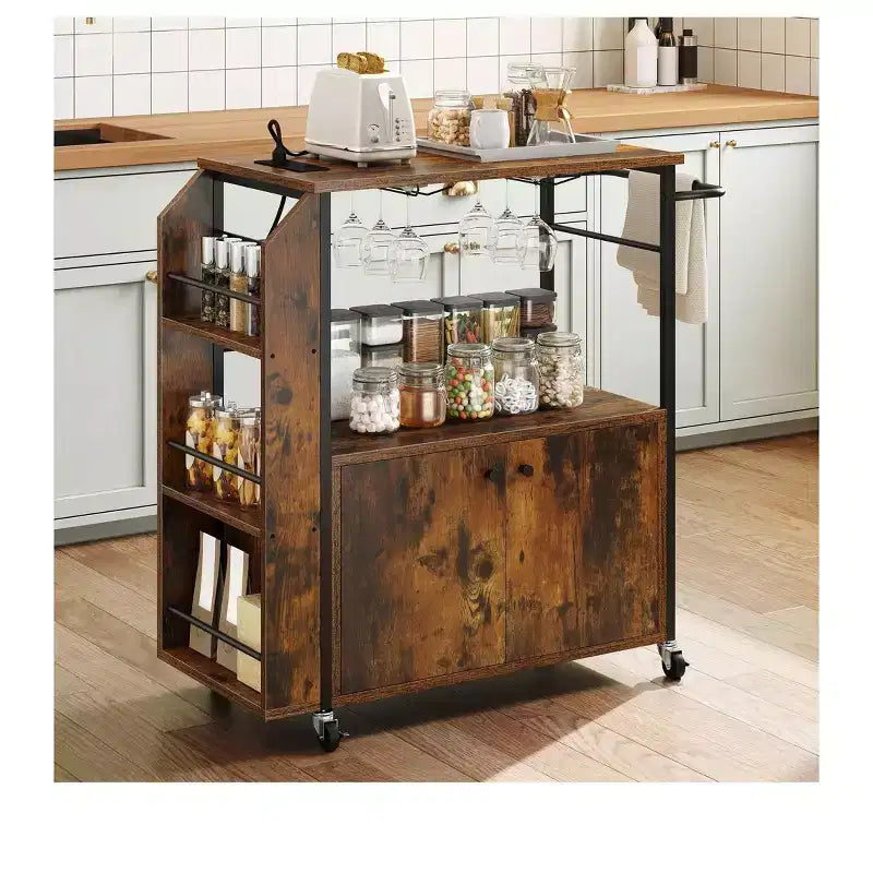 Rolling Kitchen Island Cart With Power Outlets With Open Shelves Portable Serving Utility Carts On Wheels With Storage For Kitchen Dining Room