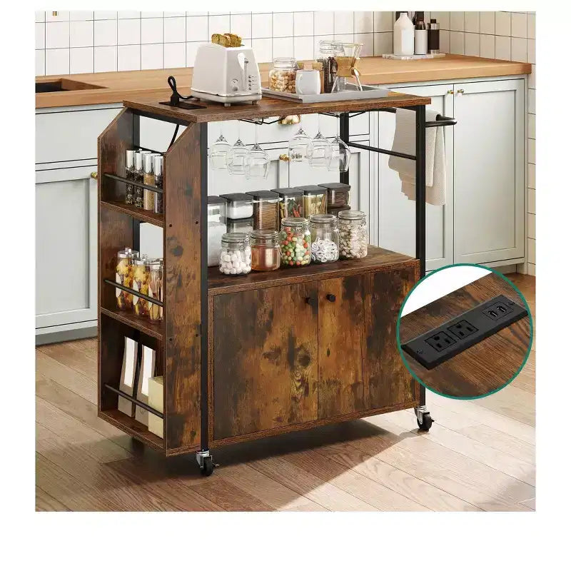 Desserte de cuisine roulante avec prises de courant, étagères ouvertes, chariots de service portables sur roulettes avec rangement pour cuisine et salle à manger