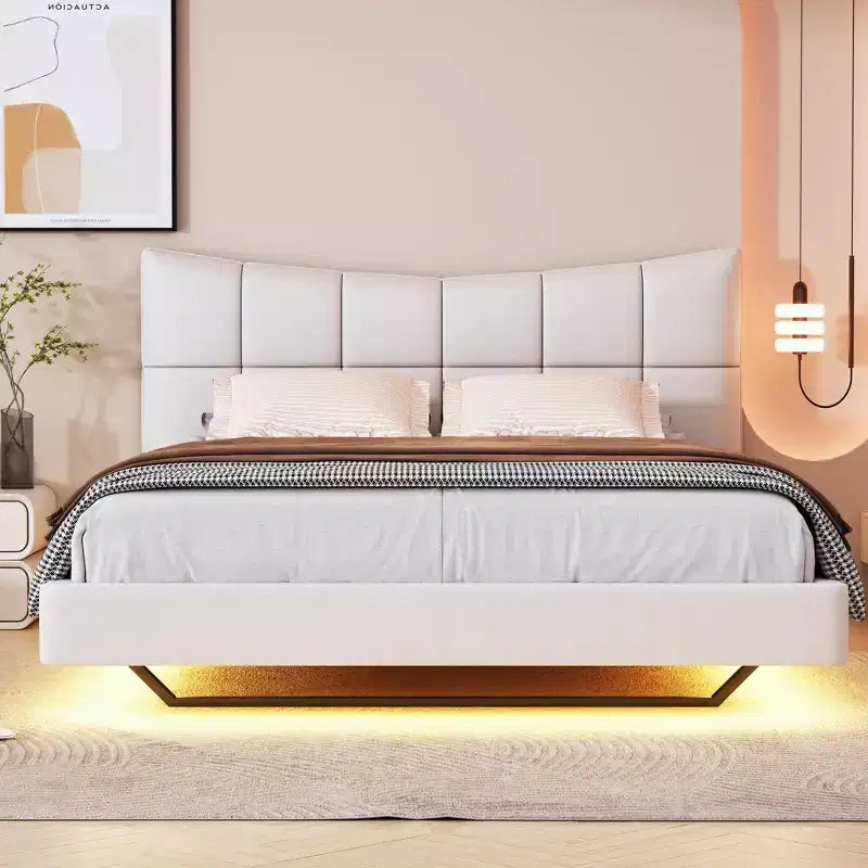 Lit plateforme entièrement capitonné à LED avec tête de lit en U, cadre de lit en lin avec lumières LED
