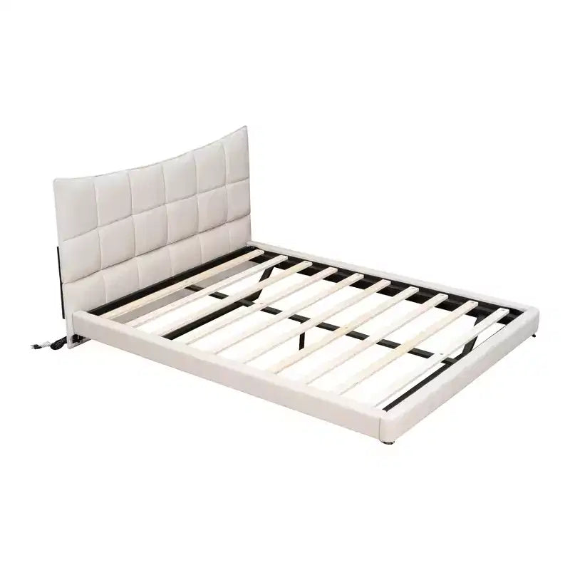 Lit plateforme entièrement capitonné à LED avec tête de lit en U, cadre de lit en lin avec lumières LED