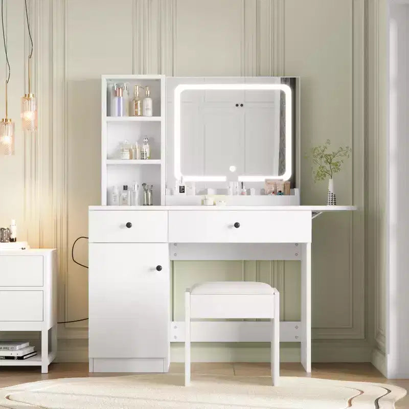 Vanity with mirror and light, sliding illuminated mirror makeup table, 3 lighting modes, 5 large drawers, perfect for the bedroom