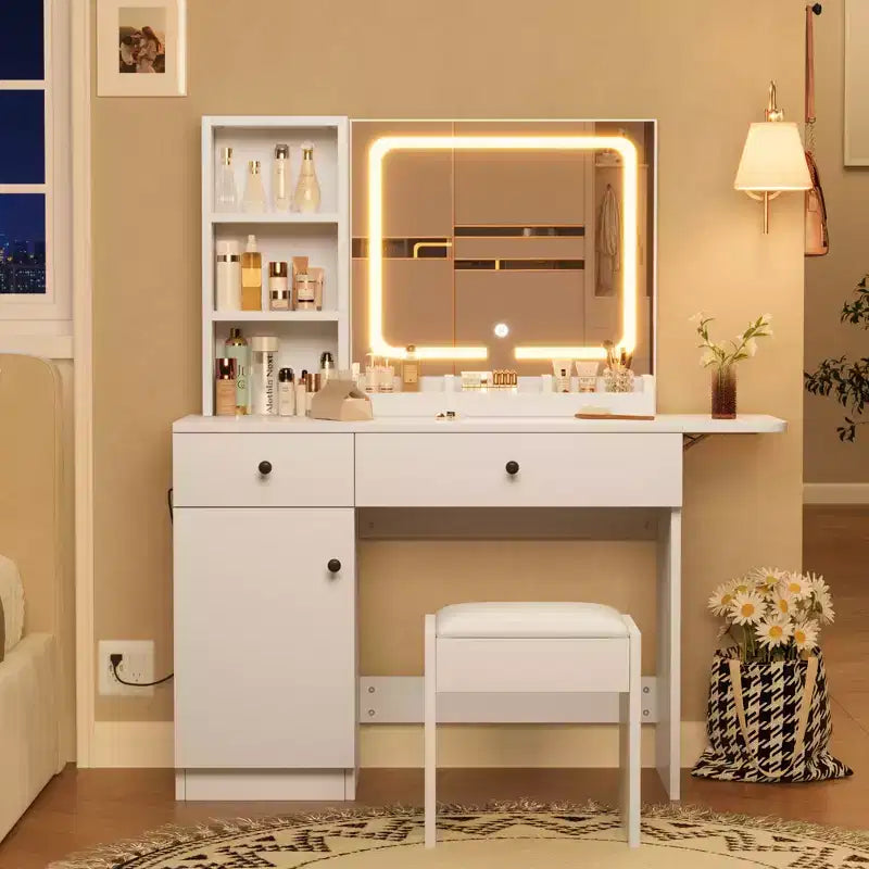 Coiffeuse avec miroir et lumière, table de maquillage avec miroir coulissant éclairé, 3 modes d'éclairage, 5 grands tiroirs, parfaite pour la chambre à coucher.