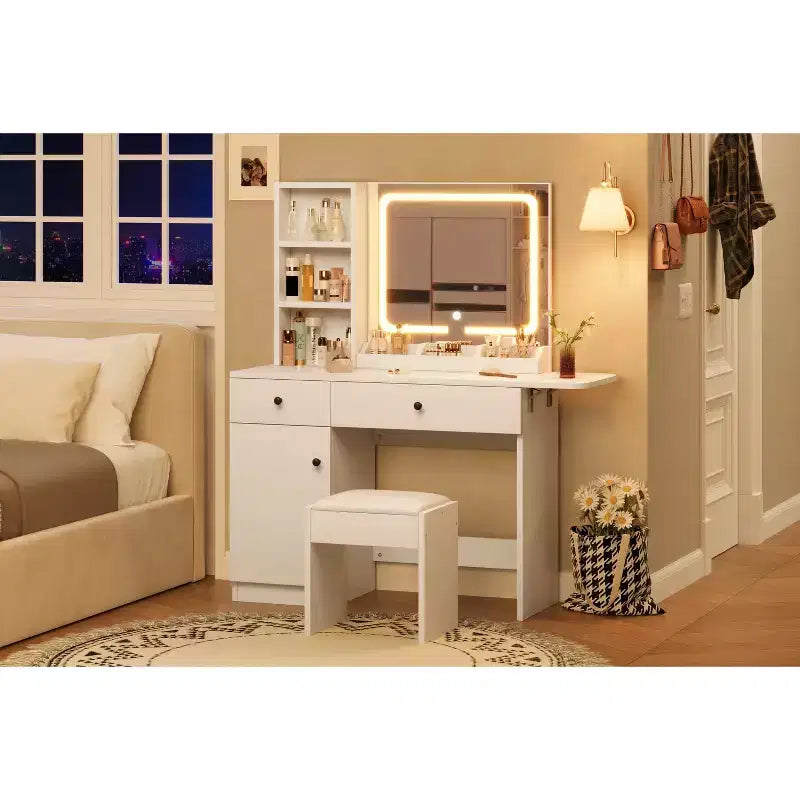 Coiffeuse avec miroir et lumière, table de maquillage avec miroir coulissant éclairé, 3 modes d'éclairage, 5 grands tiroirs, parfaite pour la chambre à coucher.