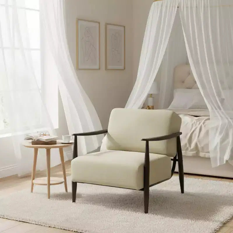 Fauteuil d'appoint moderne du milieu du siècle FurnitureR, fauteuil rembourré beige avec cadre marron massif, fauteuil de lecture confortable pour salon, chambre, bureau