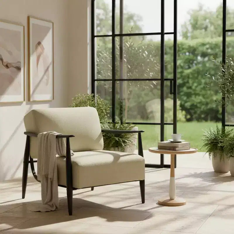 Fauteuil d'appoint moderne du milieu du siècle FurnitureR, fauteuil rembourré beige avec cadre marron massif, fauteuil de lecture confortable pour salon, chambre, bureau