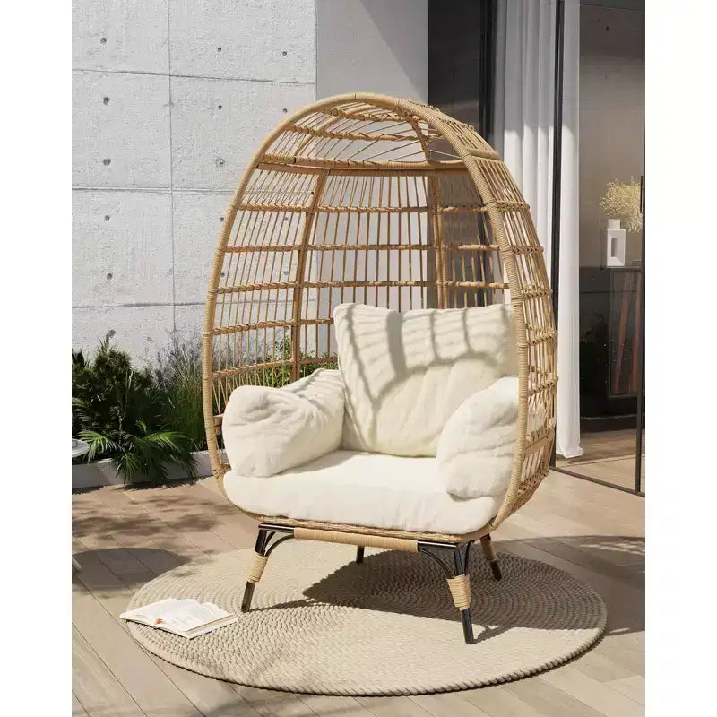 Fauteuil Œuf Pivotant à 360° avec Coussins, Fauteuil Lounge en Rotin pour Intérieur et Extérieur, pour Patio, Véranda, Salon, Résistant aux Intempéries