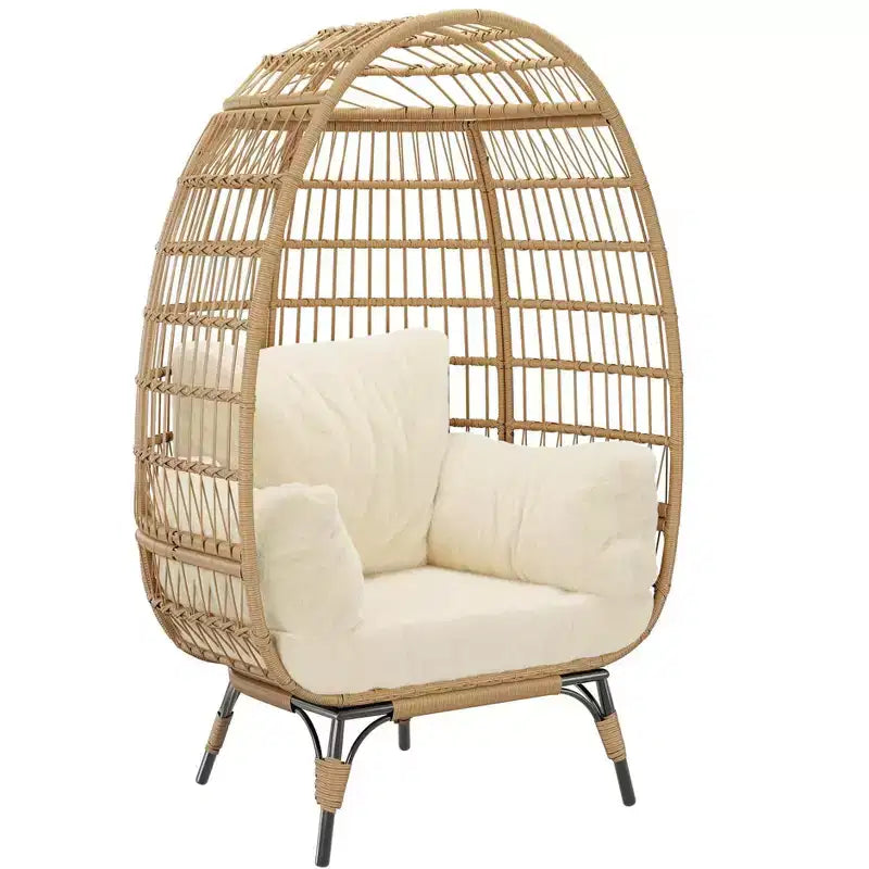 Fauteuil Œuf Pivotant à 360° avec Coussins, Fauteuil Lounge en Rotin pour Intérieur et Extérieur, pour Patio, Véranda, Salon, Résistant aux Intempéries
