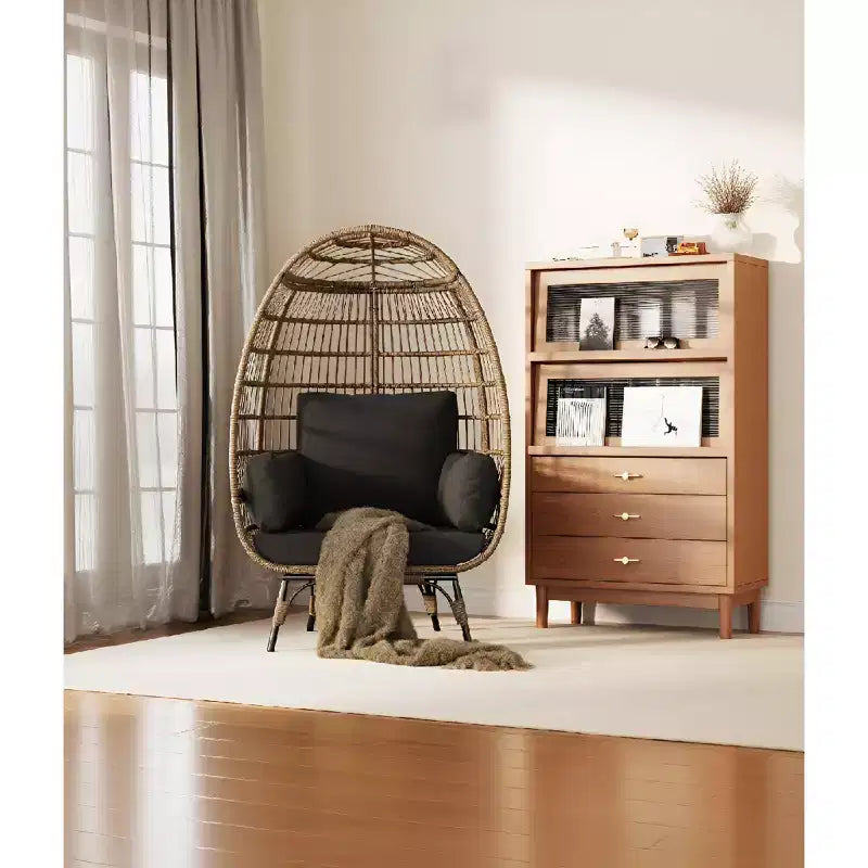 Fauteuil Œuf Pivotant à 360° avec Coussins, Fauteuil Lounge en Rotin pour Intérieur et Extérieur, pour Patio, Véranda, Salon, Résistant aux Intempéries