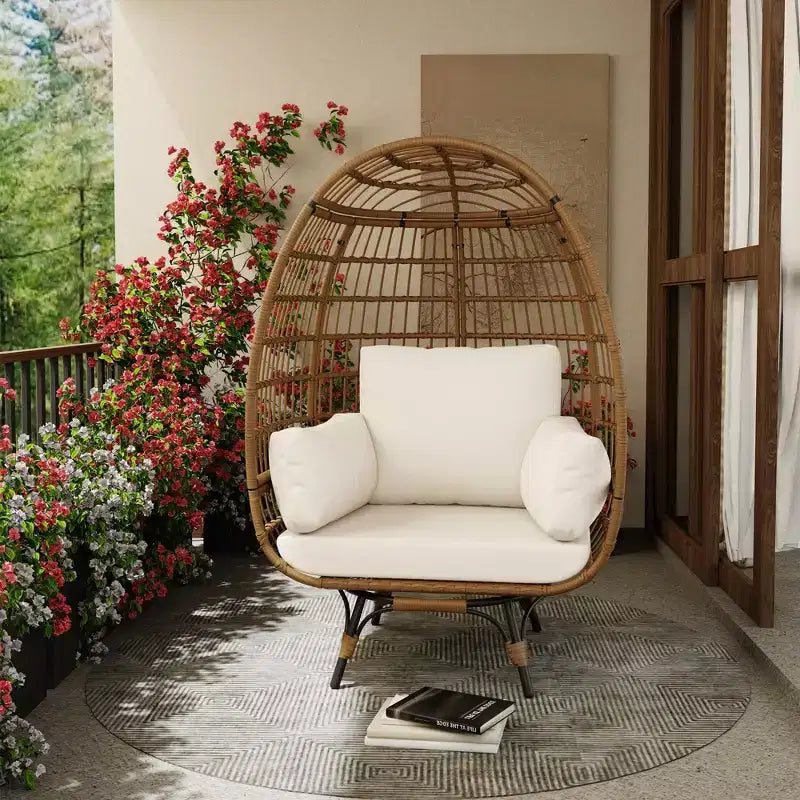 Fauteuil Œuf Pivotant à 360° avec Coussins, Fauteuil Lounge en Rotin pour Intérieur et Extérieur, pour Patio, Véranda, Salon, Résistant aux Intempéries