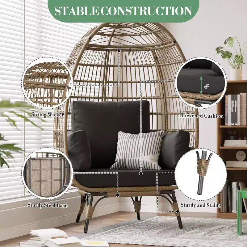 Fauteuil Œuf Pivotant à 360° avec Coussins, Fauteuil Lounge en Rotin pour Intérieur et Extérieur, pour Patio, Véranda, Salon, Résistant aux Intempéries
