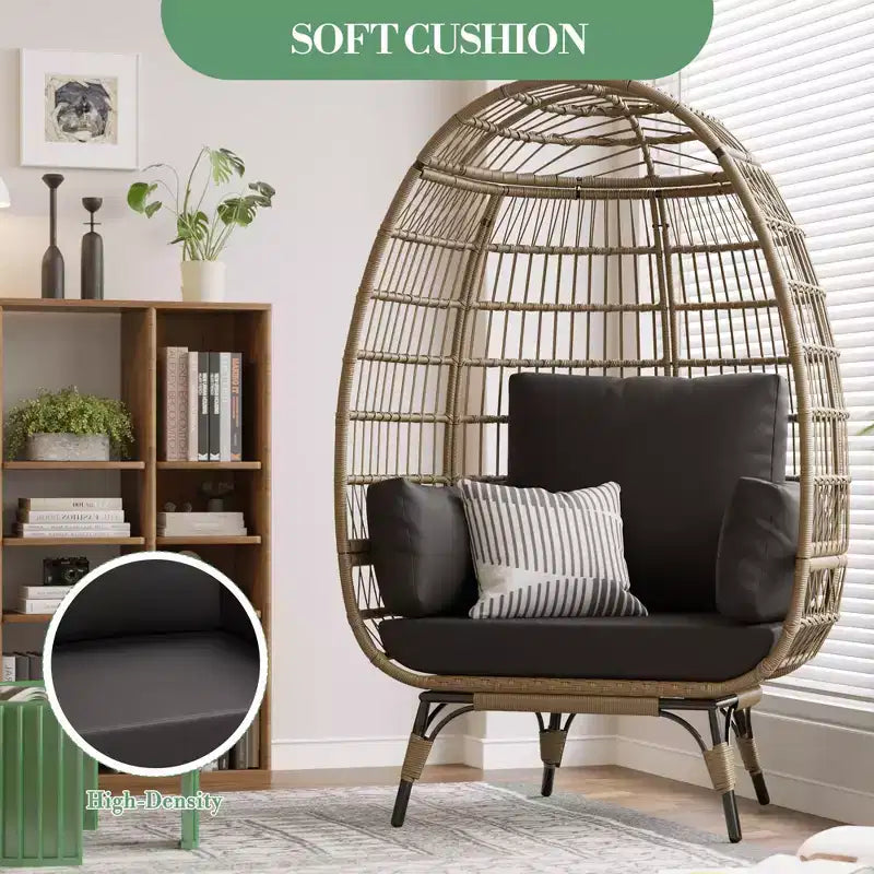 Fauteuil Œuf Pivotant à 360° avec Coussins, Fauteuil Lounge en Rotin pour Intérieur et Extérieur, pour Patio, Véranda, Salon, Résistant aux Intempéries