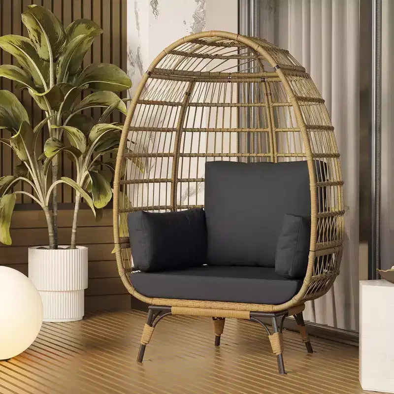 Fauteuil Œuf Pivotant à 360° avec Coussins, Fauteuil Lounge en Rotin pour Intérieur et Extérieur, pour Patio, Véranda, Salon, Résistant aux Intempéries