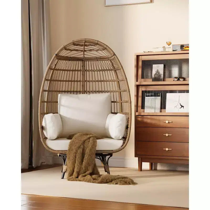 Fauteuil Œuf Pivotant à 360° avec Coussins, Fauteuil Lounge en Rotin pour Intérieur et Extérieur, pour Patio, Véranda, Salon, Résistant aux Intempéries
