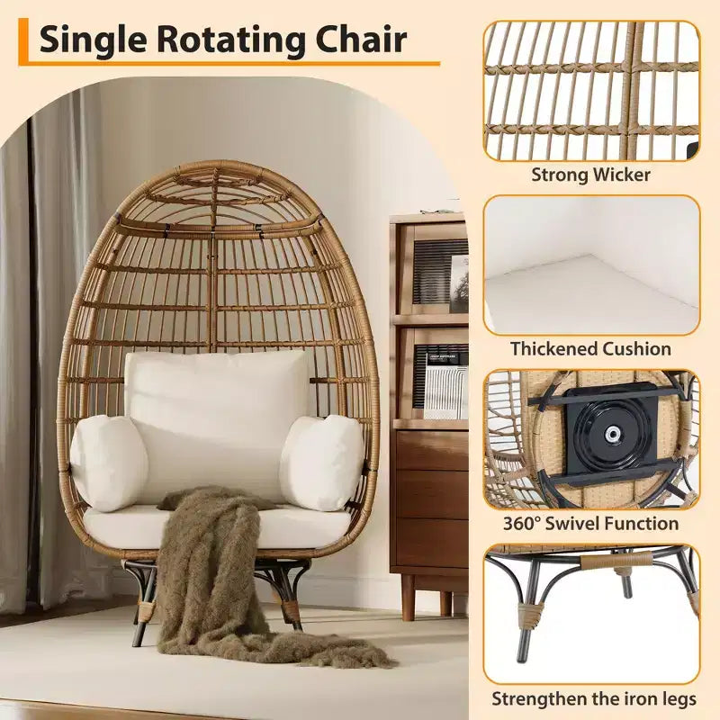 Fauteuil Œuf Pivotant à 360° avec Coussins, Fauteuil Lounge en Rotin pour Intérieur et Extérieur, pour Patio, Véranda, Salon, Résistant aux Intempéries