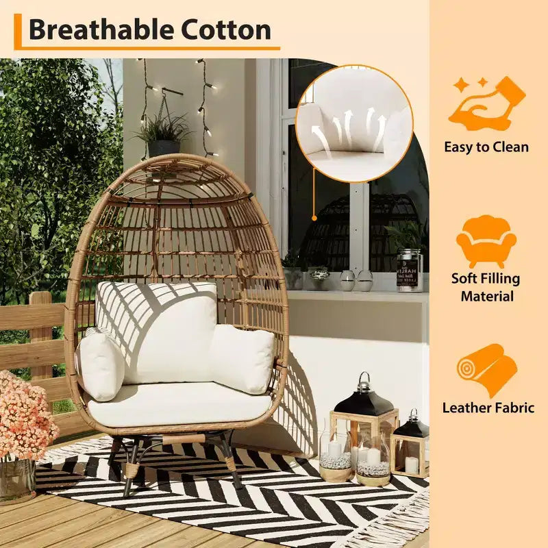Fauteuil Œuf Pivotant à 360° avec Coussins, Fauteuil Lounge en Rotin pour Intérieur et Extérieur, pour Patio, Véranda, Salon, Résistant aux Intempéries