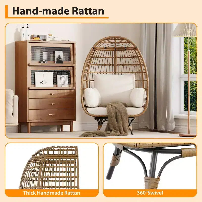 Fauteuil Œuf Pivotant à 360° avec Coussins, Fauteuil Lounge en Rotin pour Intérieur et Extérieur, pour Patio, Véranda, Salon, Résistant aux Intempéries