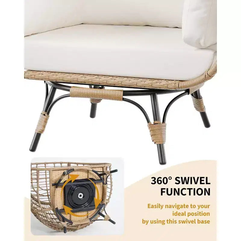 Fauteuil Œuf Pivotant à 360° avec Coussins, Fauteuil Lounge en Rotin pour Intérieur et Extérieur, pour Patio, Véranda, Salon, Résistant aux Intempéries