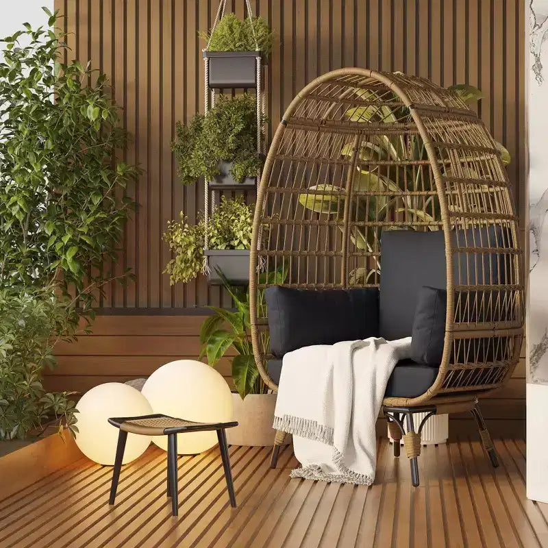 Fauteuil Œuf Pivotant à 360° avec Coussins, Fauteuil Lounge en Rotin pour Intérieur et Extérieur, pour Patio, Véranda, Salon, Résistant aux Intempéries