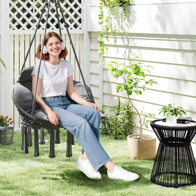 Fauteuil suspendu avec coussin et support en acier style bohème intérieur/extérieur