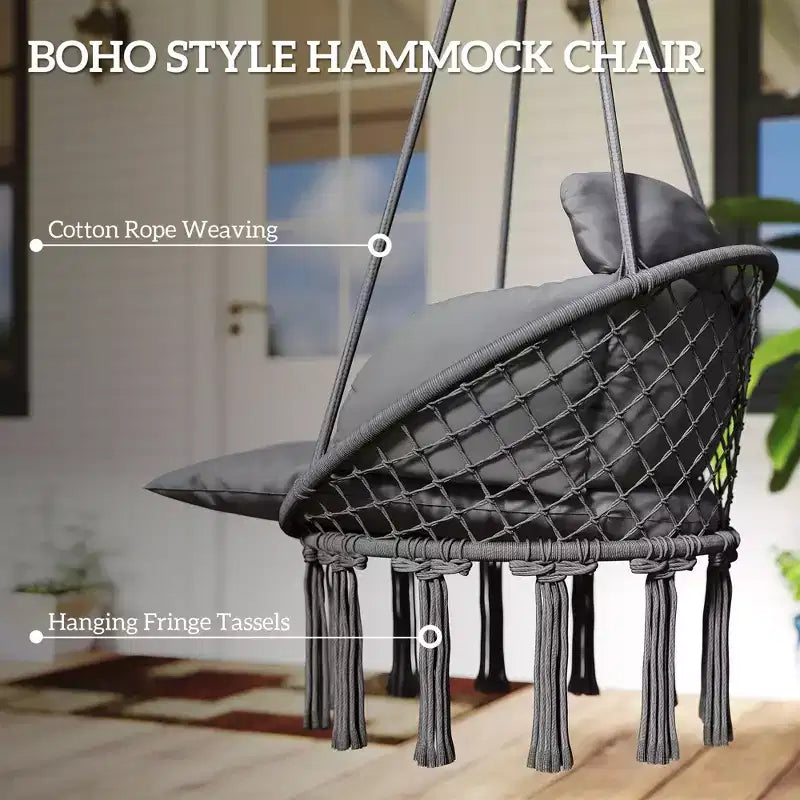 Fauteuil suspendu avec coussin et support en acier style bohème intérieur/extérieur