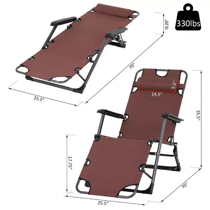 Chaise longue pliante d'extérieur, chaise longue 2 en 1 avec oreiller et pochette, chaise de piscine réglable pour la plage, le patio, la pelouse, la terrasse