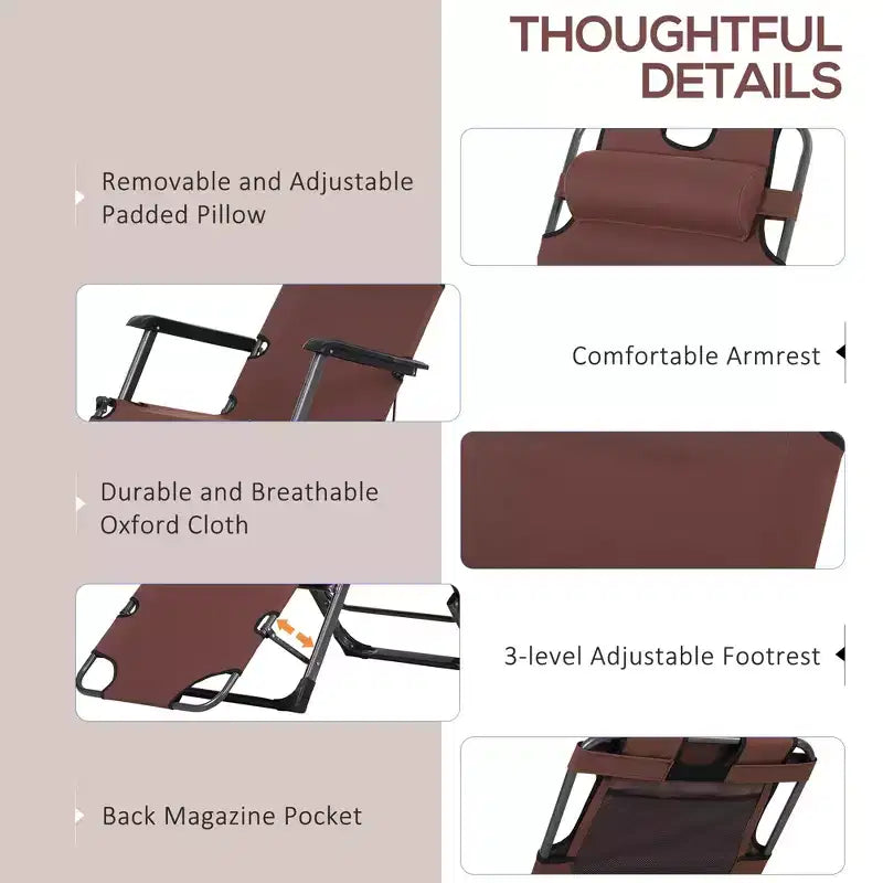 Chaise longue pliante d'extérieur, chaise longue 2 en 1 avec oreiller et pochette, chaise de piscine réglable pour la plage, le patio, la pelouse, la terrasse