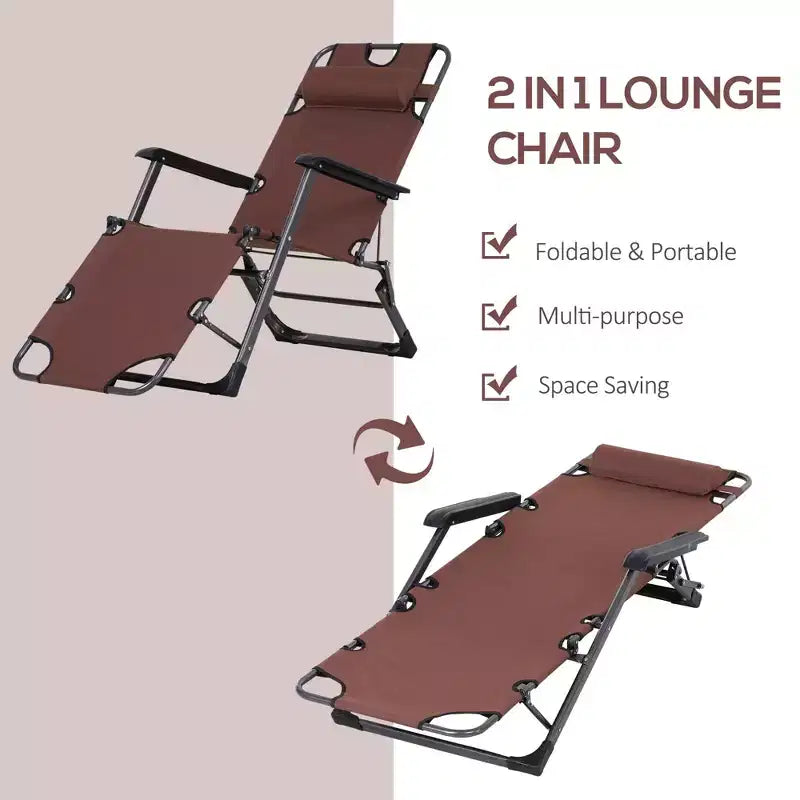 Chaise longue pliante d'extérieur, chaise longue 2 en 1 avec oreiller et pochette, chaise de piscine réglable pour la plage, le patio, la pelouse, la terrasse