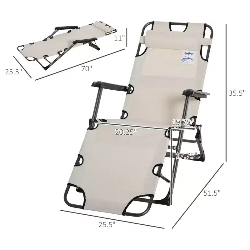 Chaise longue pliante d'extérieur, chaise longue 2 en 1 avec oreiller et pochette, chaise de piscine réglable pour la plage, le patio, la pelouse, la terrasse