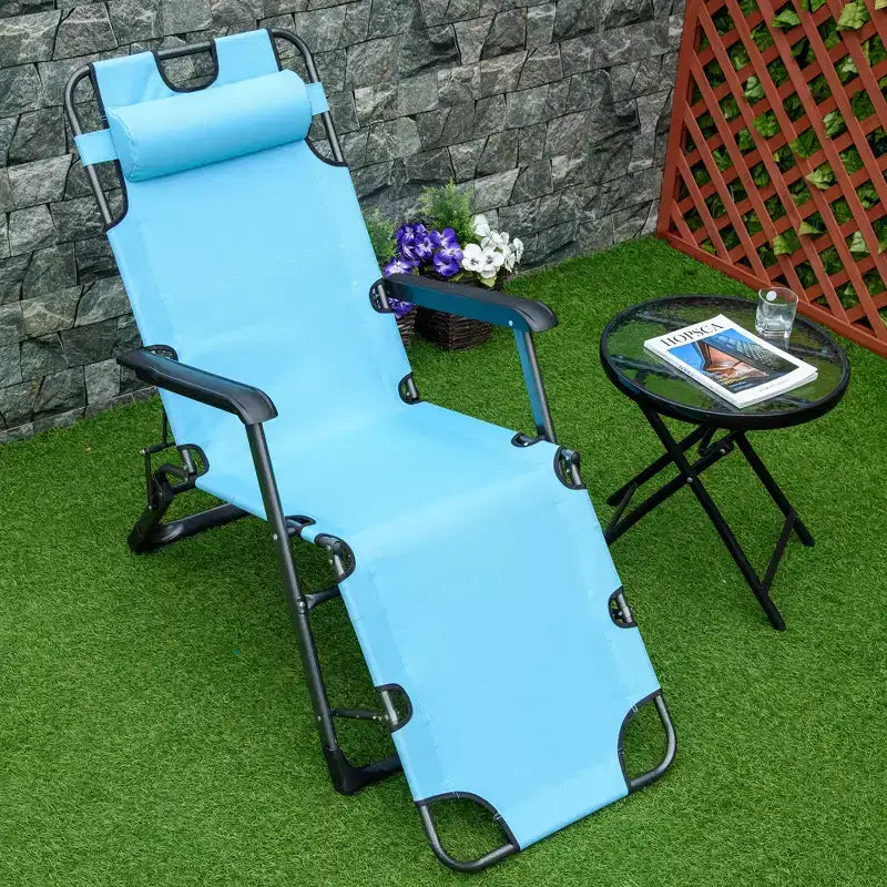 Chaise longue pliante d'extérieur, chaise longue 2 en 1 avec oreiller et pochette, chaise de piscine réglable pour la plage, le patio, la pelouse, la terrasse