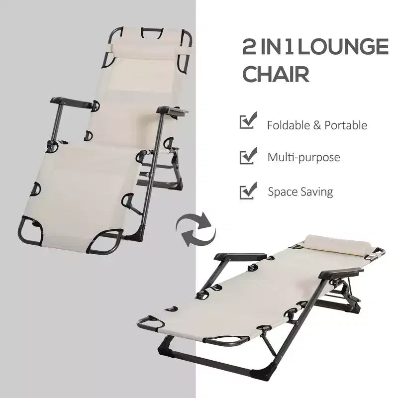 Chaise longue pliante d'extérieur, chaise longue 2 en 1 avec oreiller et pochette, chaise de piscine réglable pour la plage, le patio, la pelouse, la terrasse