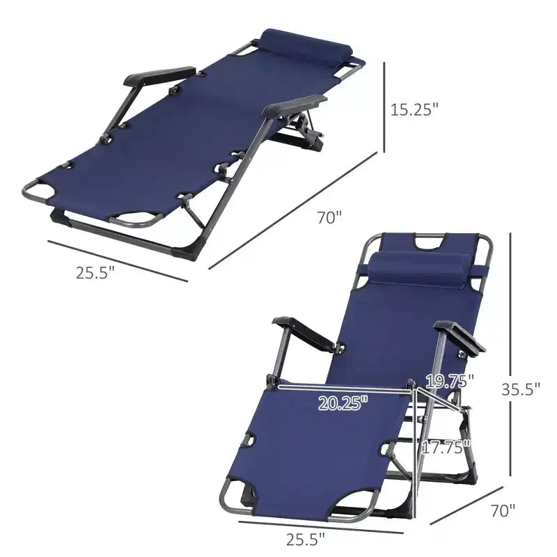 Chaise longue pliante d'extérieur, chaise longue 2 en 1 avec oreiller et pochette, chaise de piscine réglable pour la plage, le patio, la pelouse, la terrasse