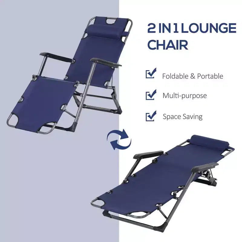 Chaise longue pliante d'extérieur, chaise longue 2 en 1 avec oreiller et pochette, chaise de piscine réglable pour la plage, le patio, la pelouse, la terrasse