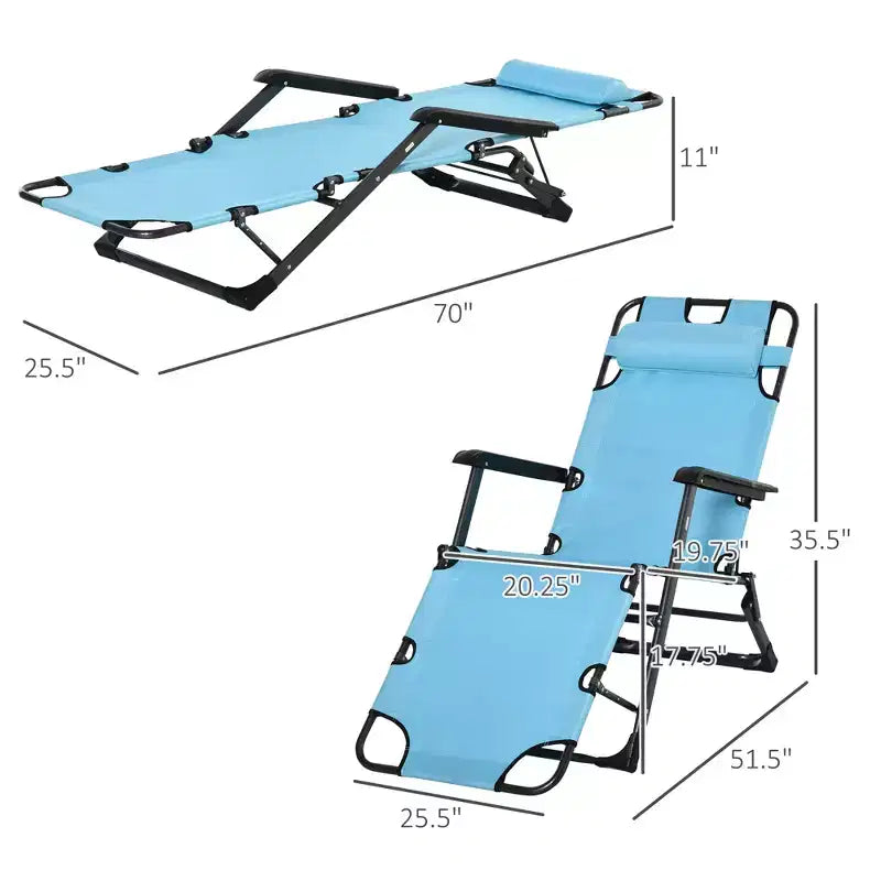 Chaise longue pliante d'extérieur, chaise longue 2 en 1 avec oreiller et pochette, chaise de piscine réglable pour la plage, le patio, la pelouse, la terrasse