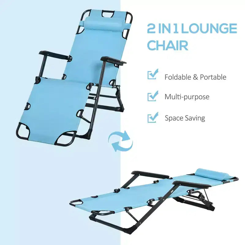 Chaise longue pliante d'extérieur, chaise longue 2 en 1 avec oreiller et pochette, chaise de piscine réglable pour la plage, le patio, la pelouse, la terrasse